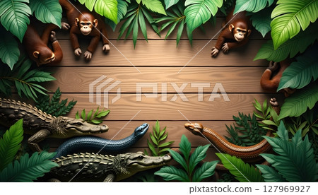 Forest animals posing with vertical wooden signboard Forest animals posing with vertical wooden signboard 127969927