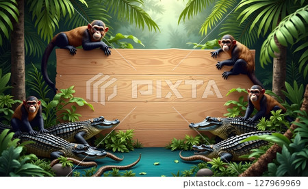 Forest animals posing with vertical wooden signboard 127969969