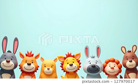 Cute cartoon animals surround a large empty blue frame 127970017