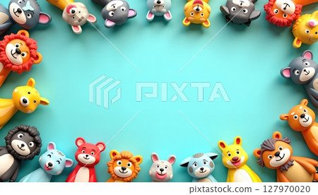 Cute cartoon animals surround a large empty blue frame 127970020