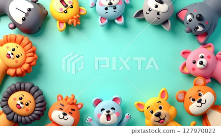 Cute cartoon animals surround a large empty blue frame 127970022