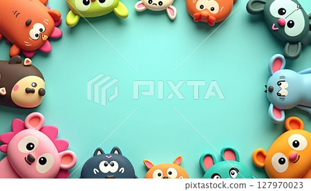 Cute cartoon animals surround a large empty blue frame 127970023