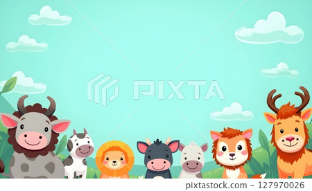 Cute cartoon animals surround a large empty blue frame 127970026