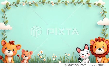 Cute cartoon animals surround a large empty blue frame 127970030