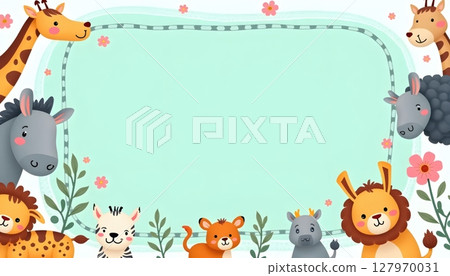 Cute cartoon animals surround a large empty blue frame 127970031