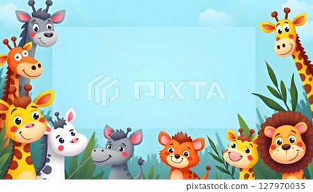 Cute cartoon animals surround a large empty blue frame 127970035