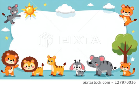 Cute cartoon animals surround a large empty blue frame 127970036