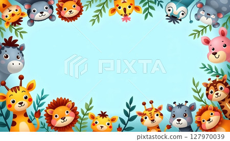 Cute cartoon animals surround a large empty blue frame 127970039