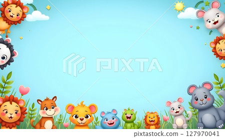 Cute cartoon animals surround a large empty blue frame 127970041