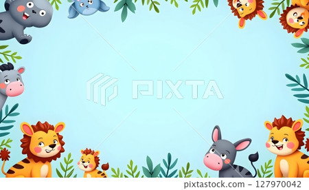 Cute cartoon animals surround a large empty blue frame 127970042