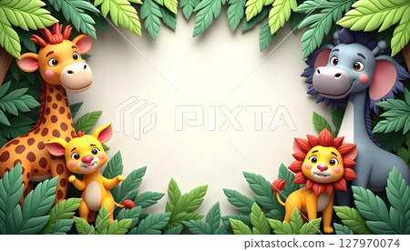 Zoo animals surrounding a rectangular blue frame 127970074
