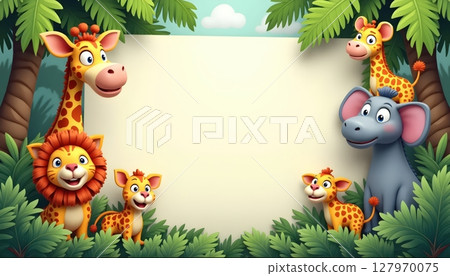 Zoo animals surrounding a rectangular blue frame 127970075