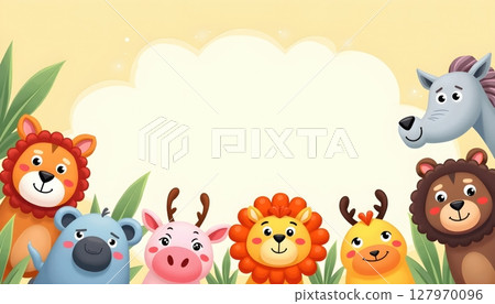 Zoo animals surrounding a rectangular blue frame 127970096