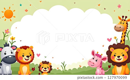 Zoo animals surrounding a rectangular blue frame 127970099