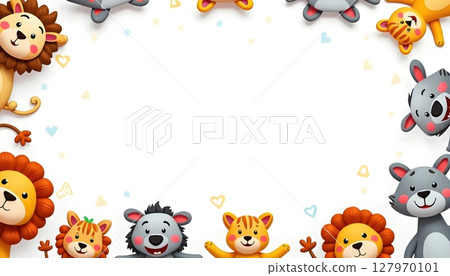 Zoo animals surrounding a rectangular blue frame 127970101