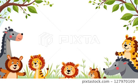 Zoo animals surrounding a rectangular blue frame 127970109
