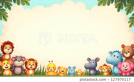 Zoo animals surrounding a rectangular blue frame 127970117