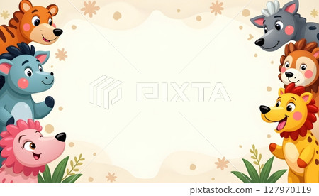 Zoo animals surrounding a rectangular blue frame 127970119