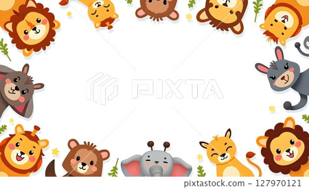 Zoo animals surrounding a rectangular blue frame 127970121