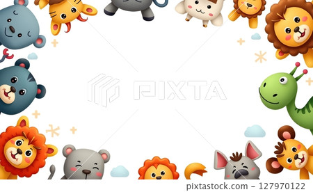 Zoo animals surrounding a rectangular blue frame 127970122