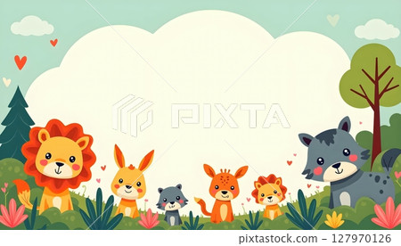 Zoo animals surrounding a rectangular blue frame 127970126