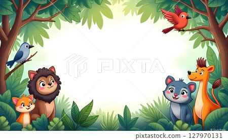 Zoo animals surrounding a rectangular blue frame 127970131