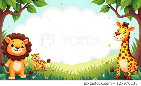 Zoo animals surrounding a rectangular blue frame 127970133