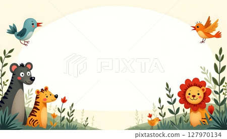 Zoo animals surrounding a rectangular blue frame 127970134