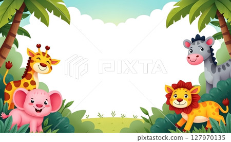 Zoo animals surrounding a rectangular blue frame 127970135