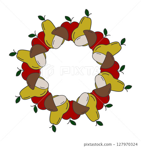 Hand Drawn Apple Pear and Mushrooms Circular Frame Border Minimalistic Pop art Template Copy space Hand Drawn Apple Pear and Mushrooms Circular Frame Border Minimalistic Pop art Template Copy space 127970324