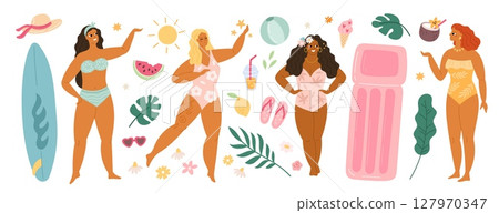 Beautiful women in swimwear. Summer vacations, beach elements, sexy fat girls, body positive people, happy pretty ladies, surfboard and air mattress, tropical leaves garish vector set Beautiful women in swimwear. Summer vacations, beach elements, sexy fat girls, body positive people, happy pretty ladies, surfboard and air mattress, tropical leaves garish vector set 127970347