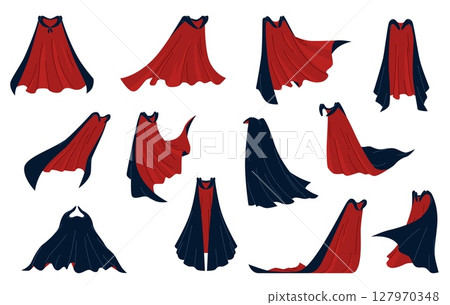 Black red vampire capes. Dracula double sided coats, party costume, mystical clothes elements, halloween accessories, masquerade and carnival cloth, nowaday vector cartoon isolated set 127970348