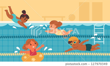 Cartoon children in swimming pool. Cute little kids diving into water, young swimmers, girl with inflatable lifebuoy, athletic boy, entertainment and competition, garish vector concept 127970349
