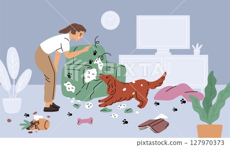 Dog behavior problem. Owner is raising pet, naughty puppy, room destroy, scattered items and damaged furniture, domestic animal bad habits cartoon flat isolated garish vector concept 127970373