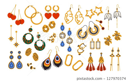 Earrings jewelry. Decorative accessories with diamonds, pearls, gems, golden items, precious products, studs, pendants, expensive gemstones and bijouterie tidy vector cartoon isolated set 127970374