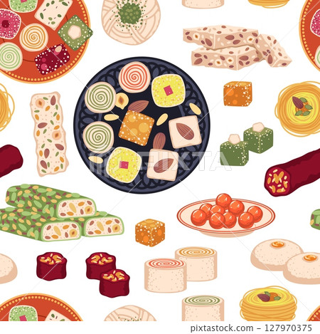 Eastern sweets seamless pattern. Oriental sugar products, traditional ramadan desserts, repeated turkish delight, textile design, wrapping paper, wallpaper. Tidy vector background Eastern sweets seamless pattern. Oriental sugar products, traditional ramadan desserts, repeated turkish delight, textile design, wrapping paper, wallpaper. Tidy vector background 127970375