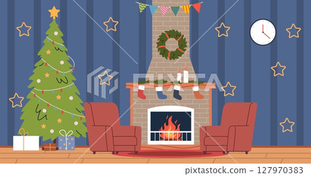 Interior of room with fireplace and armchairs. Family Christmas celebration. Xmas tree with star and glass balls. Gifts and socks with present. Cartoon flat style isolated vector concept 127970383