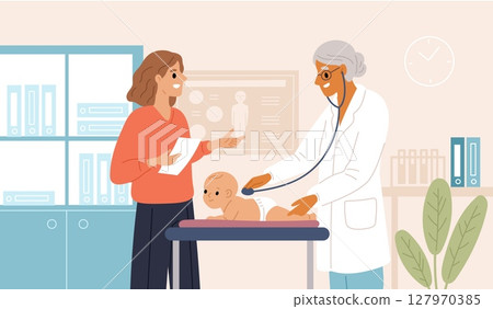 Kid pediatrician examination. Doctor examines baby, appointment at medical office, mom with baby, lungs listening, consultation in clinic cartoon flat style isolated garish vector concept 127970385