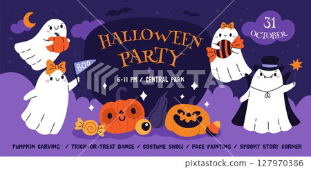 Kids Halloween party. Happy invitation design, cute poltergeist, funny ghosts with smiling pumpkins, childish spooky holiday, web banner, cartoon flat style isolated garish vector concept Kids Halloween party. Happy invitation design, cute poltergeist, funny ghosts with smiling pumpkins, childish spooky holiday, web banner, cartoon flat style isolated garish vector concept 127970386