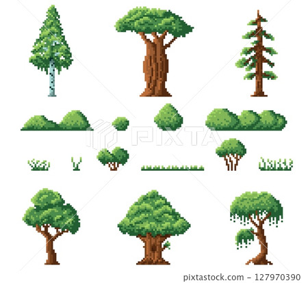 Pixel art bush and trees. Backyard or forest game location landscape elements, 8 bit nature graphic, coniferous and deciduous green summer plants and grass, qualitative vector isolated set 127970390