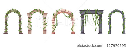 Stone arches with plants. Climbing vines and ivy, medieval and antique gates, overgrown ancient entrances, gothic cathedral brick doorway with leaves, architecture tidy vector isolated set 127970395