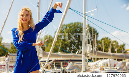 Fashion model wearing blue navy shirt Fashion model wearing blue navy shirt 127970963