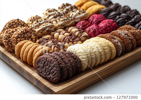 Variety of bakes and cookies in on a wooden trading tray on a white background. 127971000