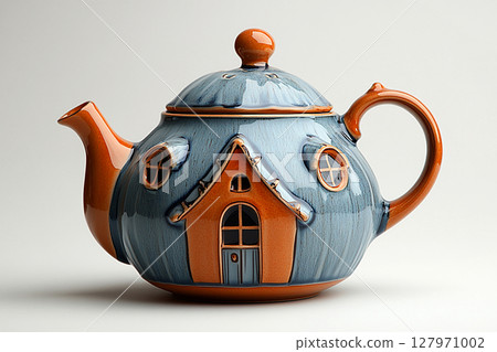 Culinary preparation. Ceramic teapot in shape of an English house on a white background. Classic style. 127971002