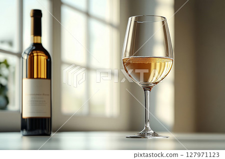 Wine culture. Wine Glass with white wine and a bottle of wine with a blank label next to it. Mockup for wine industry branding. 127971123