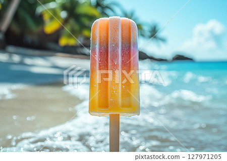 Popsicle with rainbow colors on a long stick on a summer background. Summer fun. Retro style. Popsicle with rainbow colors on a long stick on a summer background. Summer fun. Retro style. 127971205