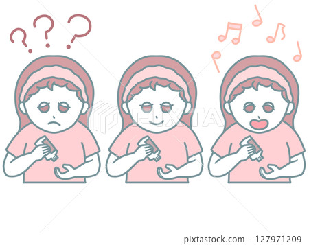 Illustration of a woman doing skin care: 3 facial expressions set: worried, smiling, and excited 127971209