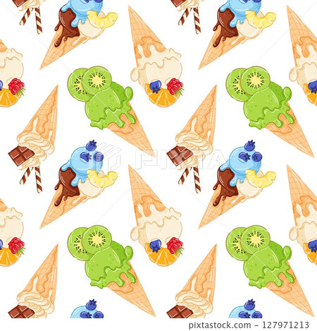 Seamless pattern with ice cream cone with flavor kiwi, vanilla, blueberry, chocolate in cartoon style. Dessert package design for summer food, cafe wallpaper. 127971213