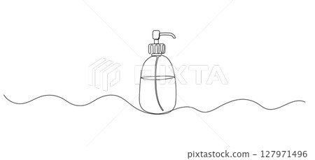 Soap bottle one line illustration, hand drawn in doodle style. Vector outline sketch. 127971496