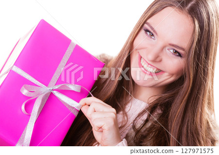 Pretty woman with pink box gift. Christmas holiday Pretty woman with pink box gift. Christmas holiday 127971575